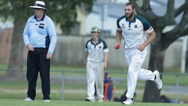 Cudgen Cricket Club bowler Caleb Ziebell runs in to bowl.