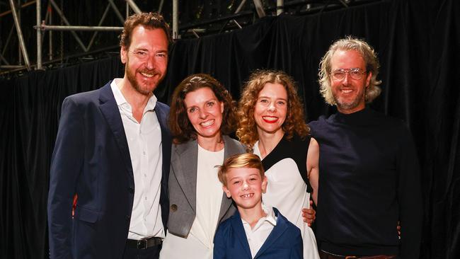 From left: Alex Schuman, Allegra Spender, Florian McGuiness-Spender, 10, Bianca Spender, and Sam McGuiness at Australian Fashion Week. Picture: Justin Lloyd.