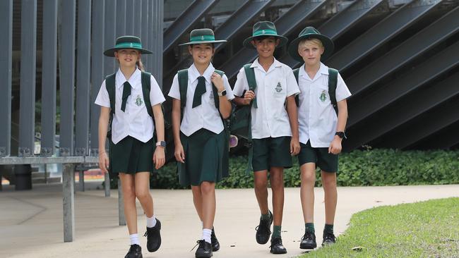 TAS primary students, Camryn Dunn, Jade Thomas, Ari Rajeswaran and Alex Roll study walk to class past the campus' STEM building. Picture: Brendan Radke