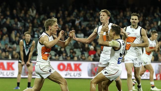 Jackson Hately celebrates his first goal at Adelaide Oval. Picture: Sarah Reed.