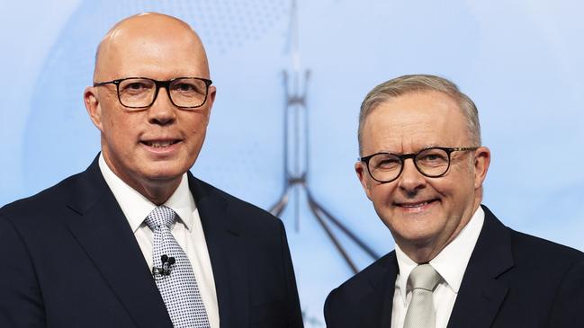 Opposition Leader Peter Dutton and Anthony Albanese before the third leaders debate last week. Picture: Alex Ellinghausen/NewsWire