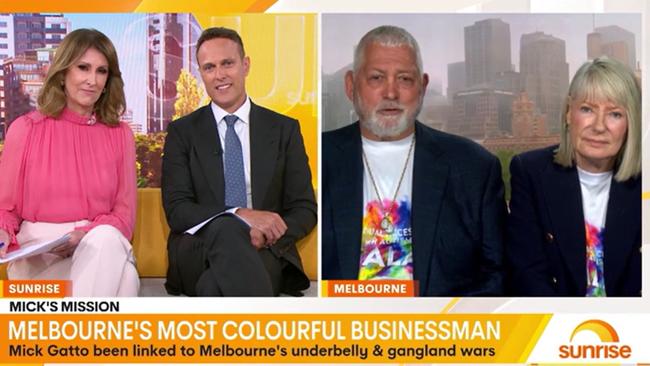 Mick Gatto with his wife Cheryl on Sunrise this morning. Picture: Sunrise / Channel 7