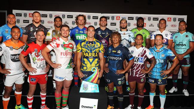 The sixteen teams pose for a photo during the Auckland Nines launch for 2017 at Rugby League Central, Sydney. Picture: Brett Costello