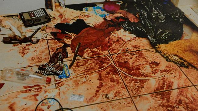 Brittny’s blood stains the floor of her house after O’Keefe stabbed her multiple times.