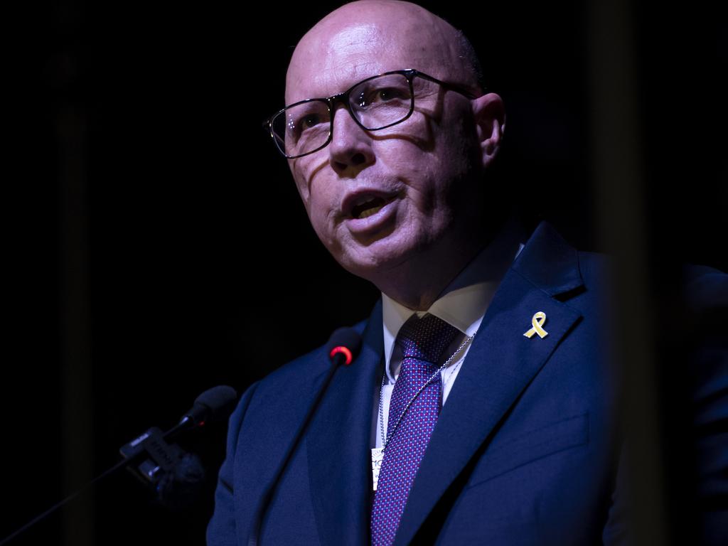 Peter Dutton pictured speaking at the Jewish community vigil Monday night at Christison Park in Vaucluse. Picture: NewsWire / Monique Harmer