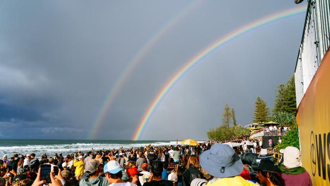 A rainbow during the Final of the Bonsoy Gold Coast Pro. (Photo by Andrew Shield/World Surf League)