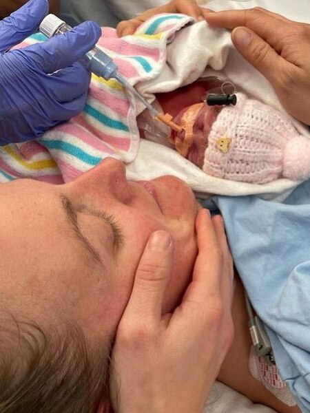 Jess after the emergency Caesarian to bring Rylee into the world in August last year. Picture: Megan Schutt Instagram