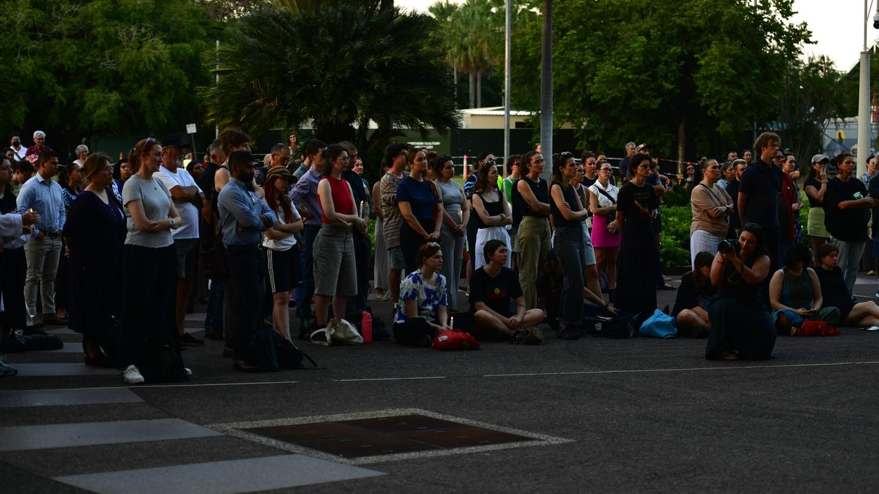 Hundreds of Top End residents gathered outside the NT Parliament on Wednesday for a vigil for Kumanjayi White, a 24-year-old Warlpiri man with a disability who died after being restrained by police in the Alice Springs Coles. Picture: Zizi Averill