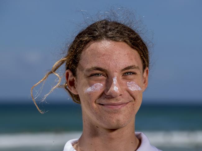 Josh Apitz, 16, has created Seagull Milk, A non-slip mineral based sunscreen. Picture: Jerad Williams