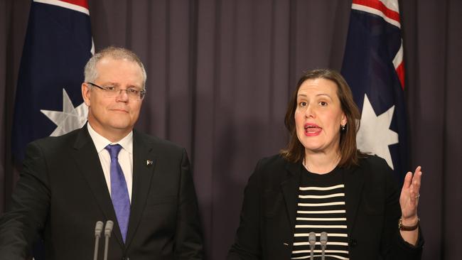 Treasurer Scott Morrison and Minister for Revenue and Financial Services Kelly O’Dwyer take questions from the media about the changes to superannuation reform package at Parliament House. (Picture Gary Ramage)