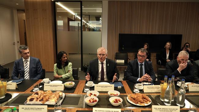 Scott Morrison hosts a breakfast with Australian business leaders in Glasgow to discuss climate change targets and how to reach them. Picture: Adam Taylor