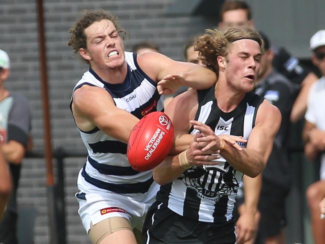 Matt La Fontaine (right) playing for Collingwood in the VFL. Picture: Hamish Blair