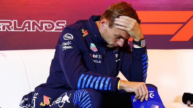 ZANDVOORT, NETHERLANDS - AUGUST 25: Max Verstappen of the Netherlands and Oracle Red Bull Racing attends the press conference after the F1 Grand Prix of Netherlands at Circuit Zandvoort on August 25, 2024 in Zandvoort, Netherlands. (Photo by Clive Rose/Getty Images)