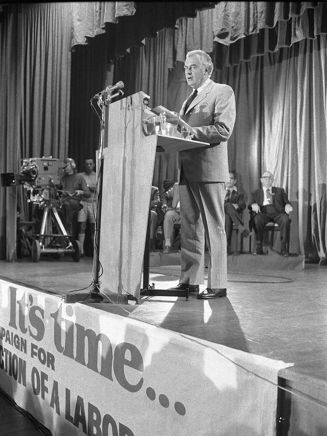 Then Opposition leader Gough Whitlam delivers the ALP election policy speech at Blacktown Civic Centre in 1972. Picture: National Archives.