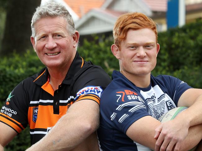 Rugby League great Steve Edmed from Balmain Tigers, pictured in Five Dock with his son Tane Edmed who is now playing rugby union at Eastwood. Tane is the one that got away from cricket and league and now about to make his Shute Shield debut. Picture: Jonathan Ng