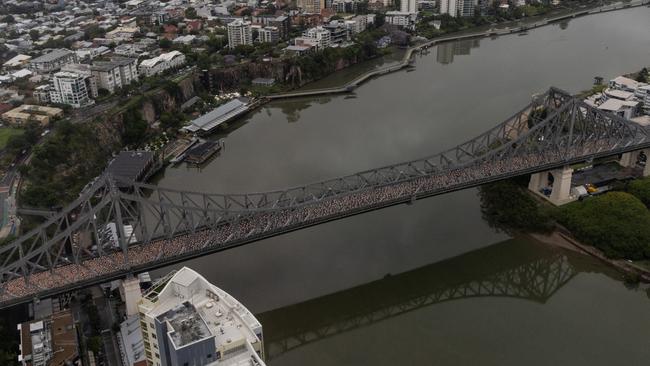 Thousands of naked people took over Brisbane's Story Bridge. Picture: NewsWire/ David Kapernick