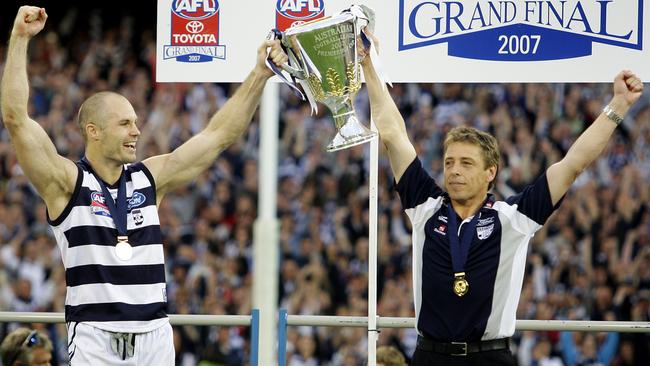 Geelong captain Tom Harley and coach Mark Thompson after winning the 2007 flag.