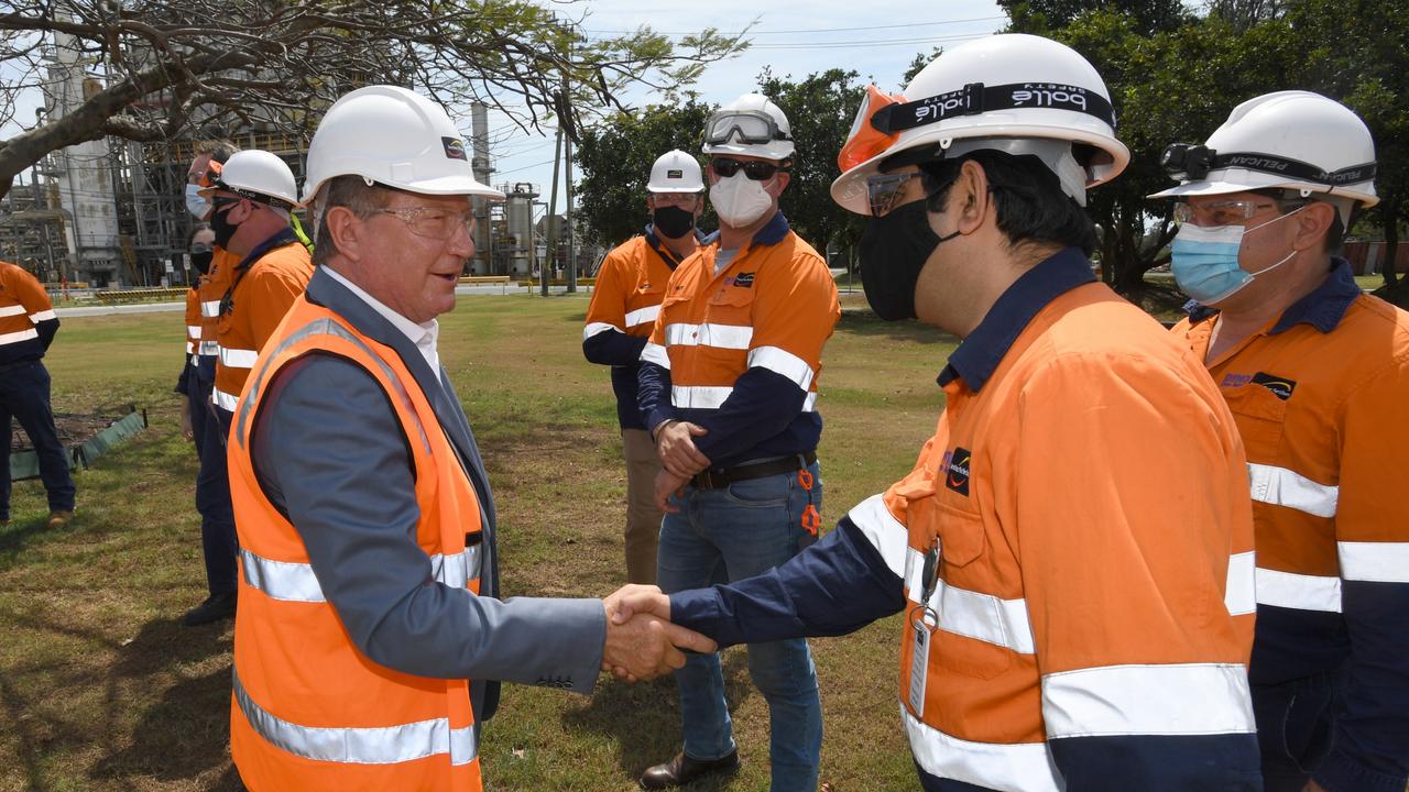 Andrew Forrest meets workers during a hydrogen announcement at Gibson Island. Picture: AAP