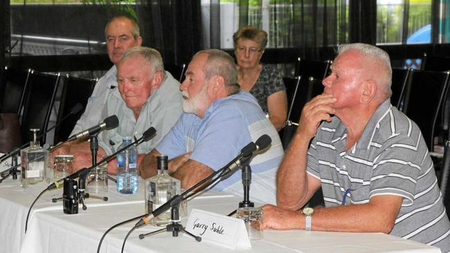 Bob Sawyer Rod McDonald and Garry Suhle give evidence at the Collinsville public hearing into black lung disease. Picture: Peter Carruthers