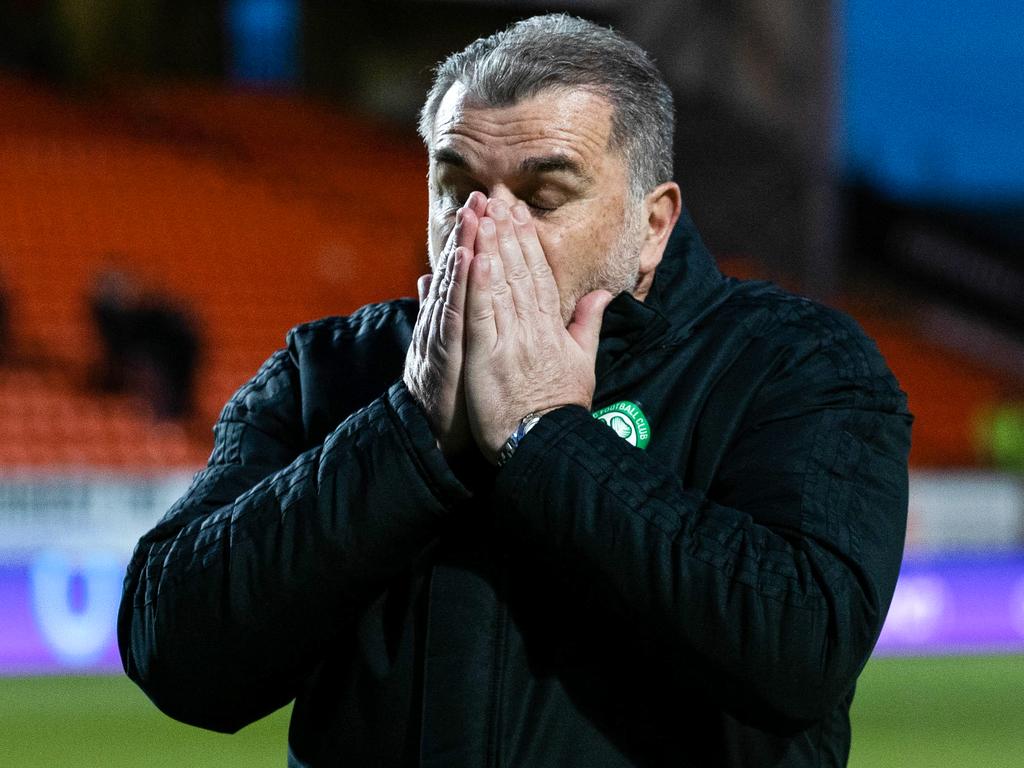 Emotion hits Celtic manager Ange Postecoglou during the Dundee game. His achievement of winning the league in his first season, having come in with the club in dire straits, has been extraordinary. Picture: Craig Williamson/SNS Group via Getty Images
