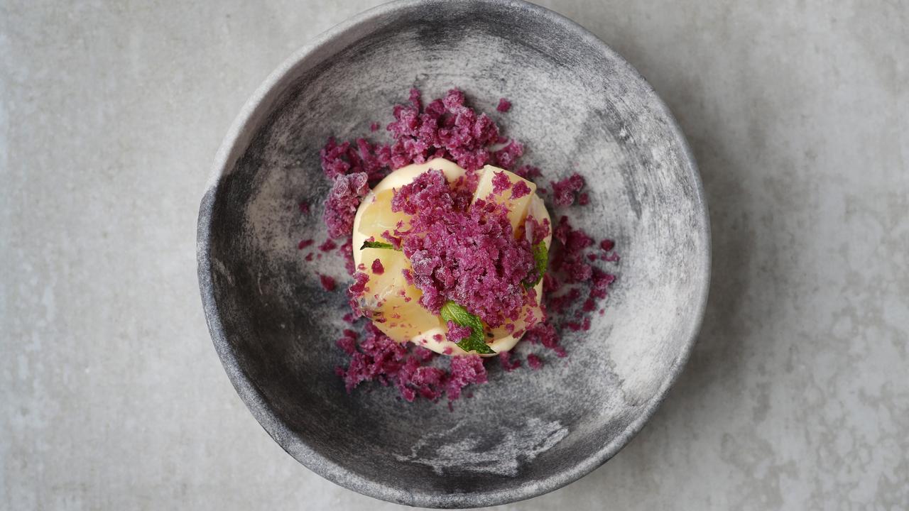 Buttermilk custard, kiwi and red cabbage at Igni in Geelong. Picture Rebecca Michael.