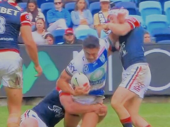Luke Keary's escaped a ban for this tackle on Shaun Johnson. Picture: Fox League