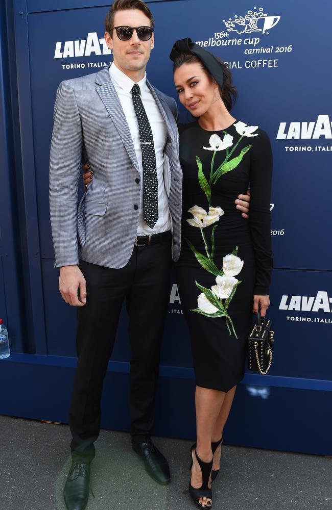 Megan Gale and Shaun Hampson in The Birdcage on Derby Day. Picture: AAP Image/Tracey Nearmy