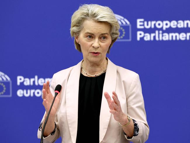 European Commission President Ursula von der Leyen gives a press conference following the parliament's vote to approve the new European Commission at the European Parliament on November 27, 2024 in Strasbourg, eastern France. European lawmakers on November 27, 2024 gave Ursula von der Leyen's new executive team the green light to start work, as the EU chief warned there was "no time to waste" to boost the bloc's defences and competitiveness. (Photo by FREDERICK FLORIN / AFP)