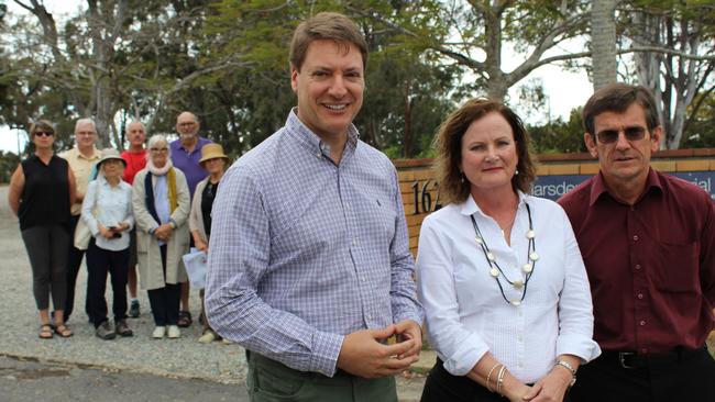 Member for Bonner Ross Vasta, Member for Lytton Joan Pease and Wynnum Manly councillor Peter Cumming with residents who opposed to the Lota House development. Picture: Supplied