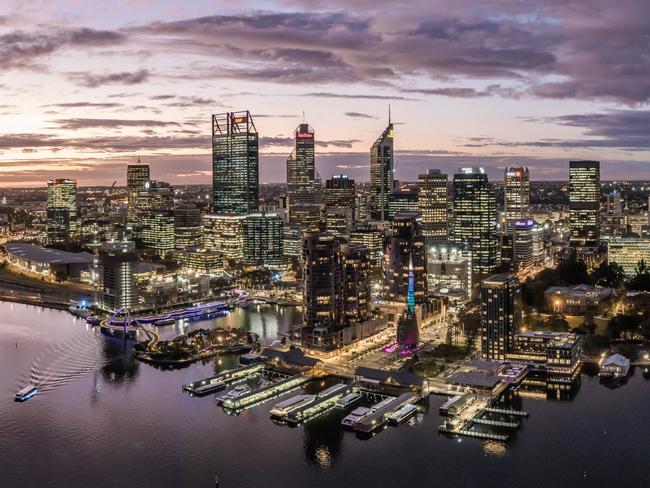 Aerial high angle drone view of Perth's CBD skyline with Elizabeth Quay in the foreground. Many mining companies are headquartered in PerthEscape 17 December 202348 Hours in - PerthPhoto: iStock