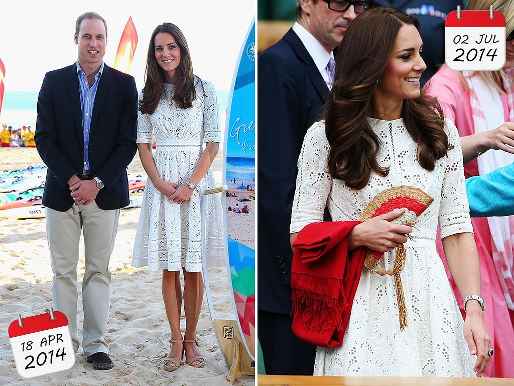 Zimmeran white dress: Duchess of Cambridge and Prince William, pose with a surfboard during a visit to Sydney’s Manly Beach on April 18, 2014. The frock got a second outing later on in the year as the Duchess attended Wimbledon. Picture: Getty