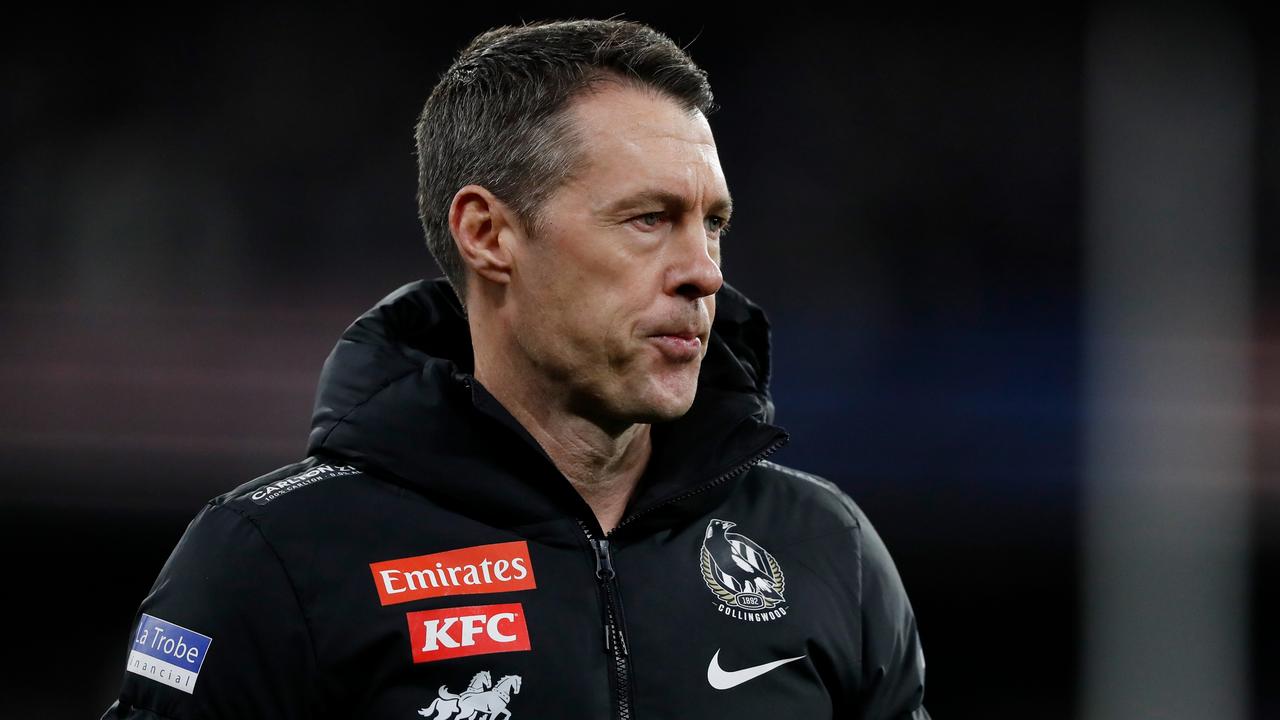 MELBOURNE, AUSTRALIA - SEPTEMBER 03: Craig McRae, Senior Coach of the Magpies looks on after a loss during the 2022 AFL First Qualifying Final match between the Geelong Cats and the Collingwood Magpies at the Melbourne Cricket Ground on September 3, 2022 in Melbourne, Australia. (Photo by Dylan Burns/AFL Photos via Getty Images)