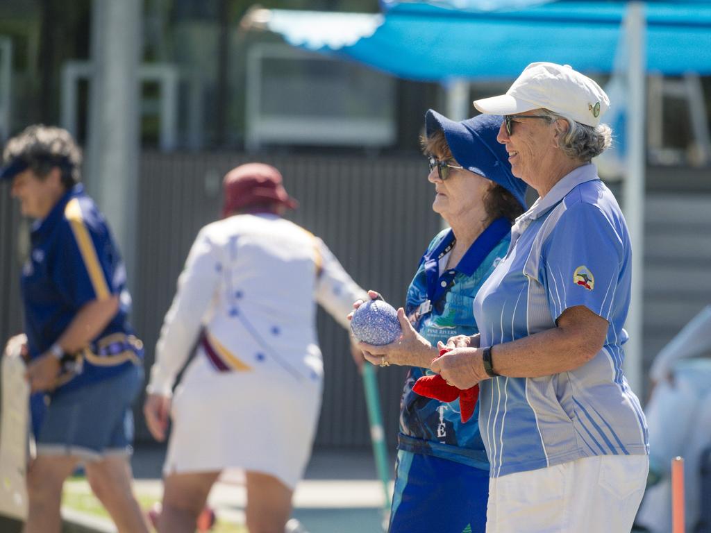 Christine Russell (R) and Linda Wilson in the ladies pairs lawn bowls will be played from 2pm at Broadbeach Bowls Club. Picture: Glenn Campbell