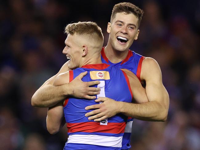 AFL Round 5.   17/04/2021.Western Bulldogs vs Gold Coast Suns at Marvel Stadium, Melbourne.   Bulldog Adam Treloar celebrates his goal in the second quarter  with  Josh Dunkley   . Pic: Michael Klein