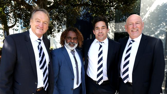 Geelong legend Graham ÒPollyÓ Farmer's at GMHBA Stadium. Cats CEO Brian Cook with Adam Lampton-Nicholls, Grand Son of Pastor Doug Nicholls Matthew Stokes and Cats President Colin Carter. Picture: Mike Dugdale