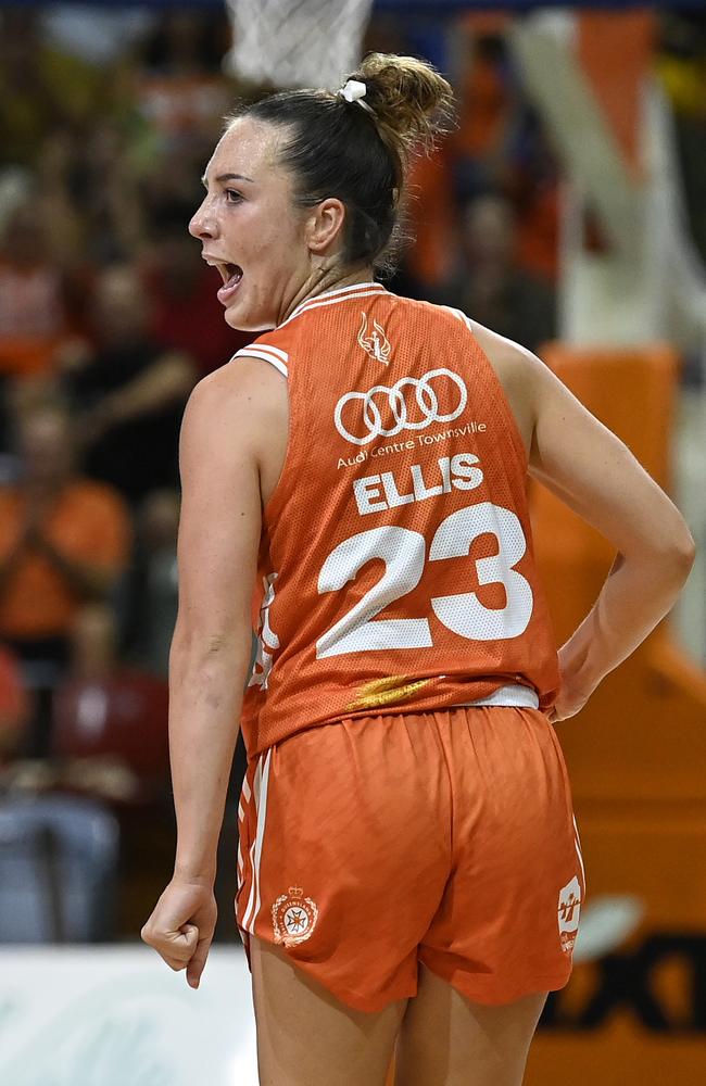 TOWNSVILLE, AUSTRALIA – FEBRUARY 26: Abbey Ellis of the Fire reacts after scoring a three pointer during game two of the WNBL Semi Final series between Townsville Fire and Perth Lynx at Townsville Entertainment Centre, on February 26, 2025, in Townsville, Australia. (Photo by Ian Hitchcock/Getty Images)