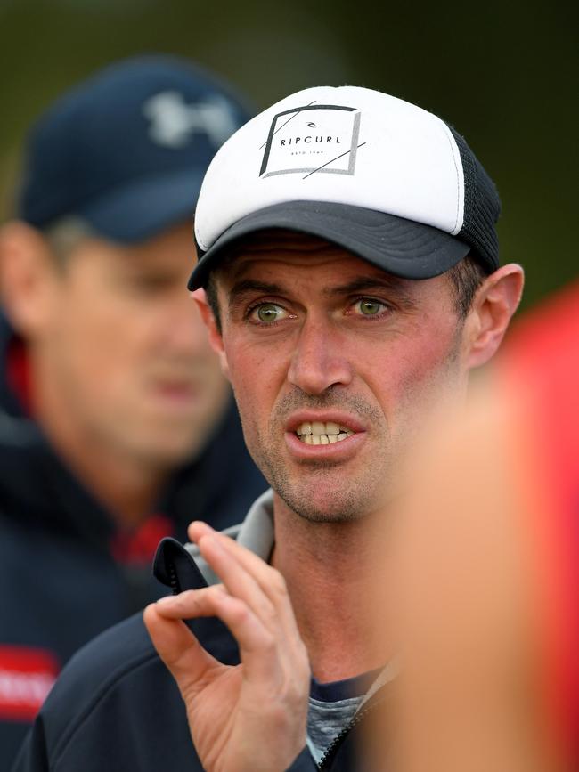 Damien Kent coaching at quarter time in a game last month. Picture: Andy Brownbill