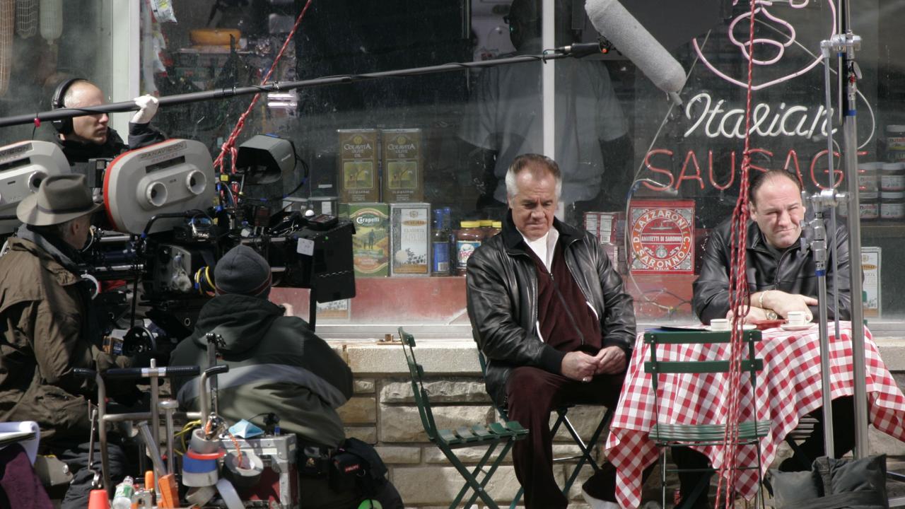 Tony Sirico, left, and James Gandolfini, right, film scene from The Sopranos. Picture: Mike Derer/AP