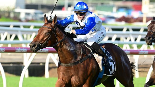 Apprentice Emily Lang when scoring on Boomtown Boss in the Listed Daybreak Lover. Picture: Grant Peters / Trackside Photography