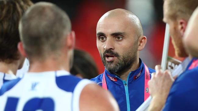 GOLD COAST, AUSTRALIA — JUNE 08: Kangaroos interim coach Rhyce Shaw during the round 12 AFL match between the Gold Coast Suns and the North Melbourne Kangaroos at Metricon Stadium on June 08, 2019 in Gold Coast, Australia. (Photo by Chris Hyde/Getty Images)