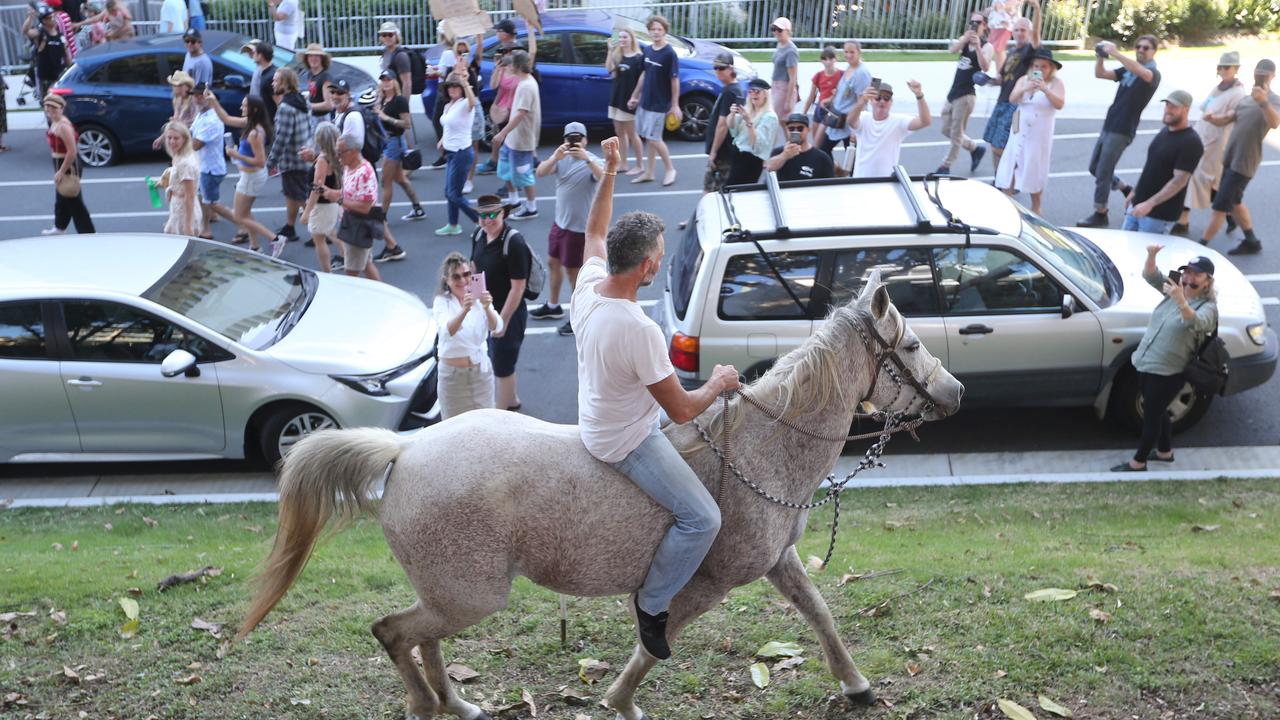 Nine people were arrested during the protest at the Queensland border. Picture: Richard Gosling