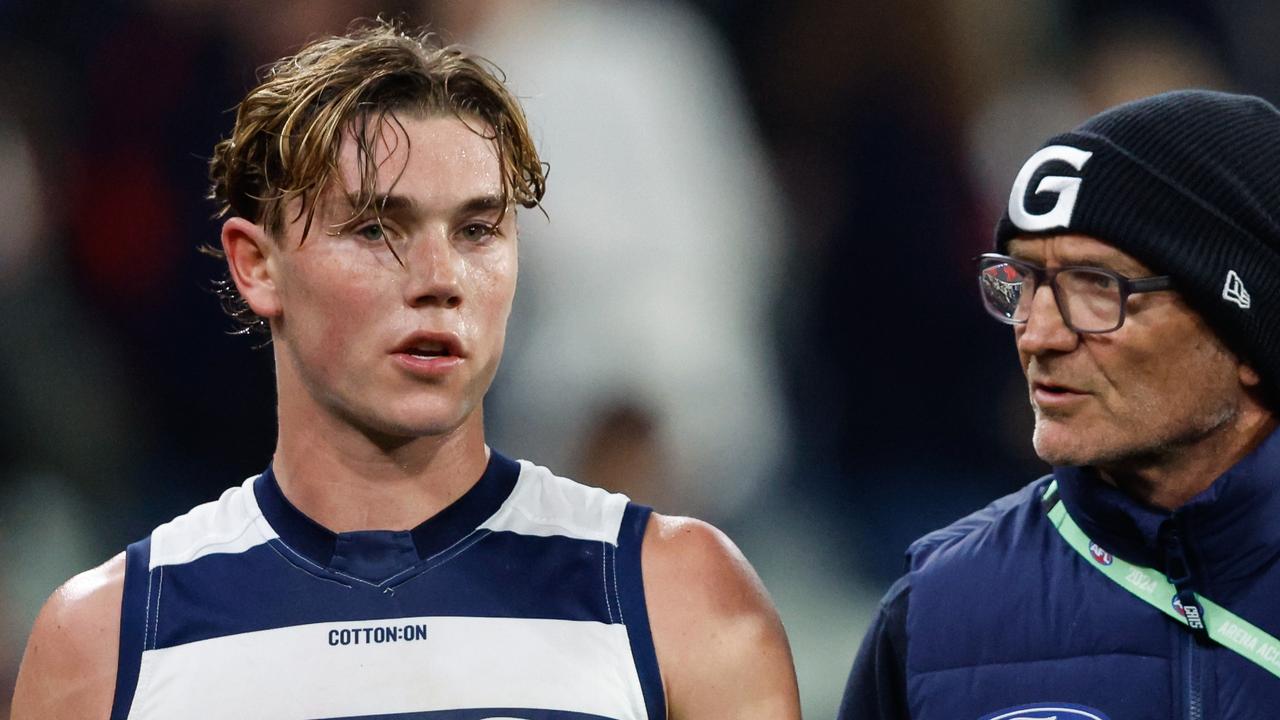 Tanner Bruhn (left) will be a welcome inclusion in Geelong’s midfield against North Melbourne next week according to coach Chris Scott. Picture: Dylan Burns / Getty Images