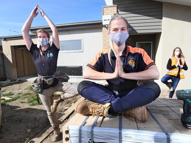 Geelong-based body Tradeswomen Australia is running online wellbeing classes for lady tradies, including meditation and Yoga workshops. Carpenter Tahlia Dowie, Electrician Tammy Vos and Tradeswomen Australia's Sarah Kurley.picture: Glenn Ferguson