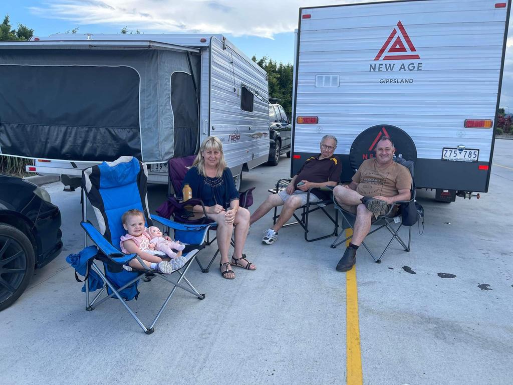 Julie Aubrey and her family waiting to cross the border. Picture: Supplied.