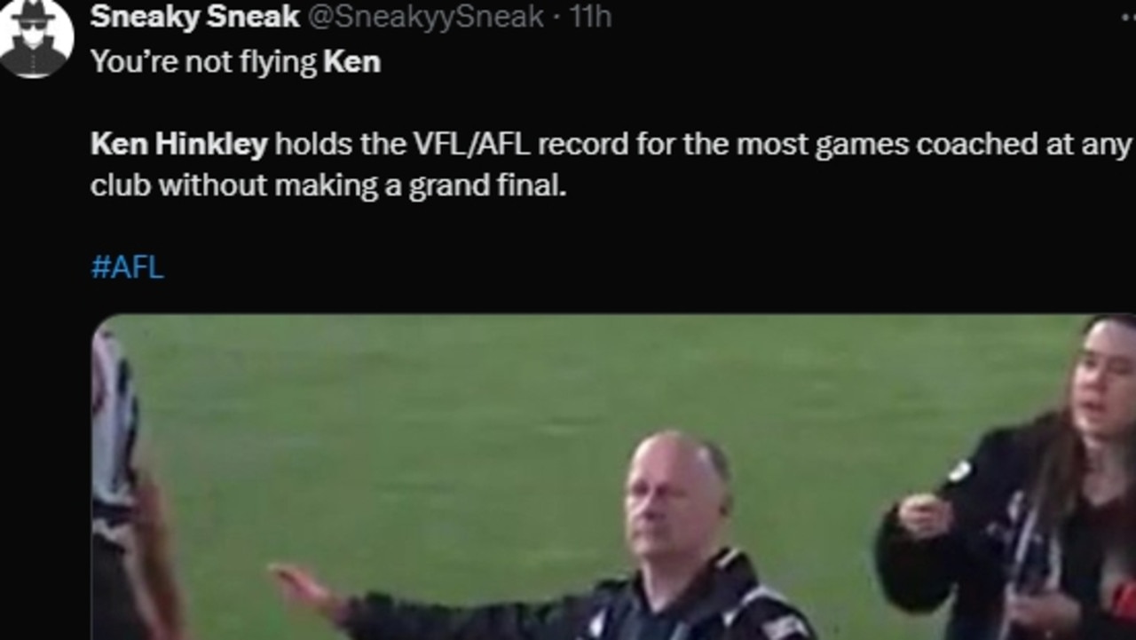 AFL fans mocked Ken Hinkley’s post-game antics following Port’s win over Hawthorn last week. Picture: X / @SneakyySneak