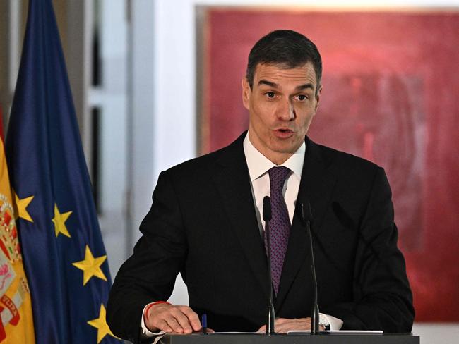 Spanish Prime Minister Pedro SÃ¡nchez attends a press conference at the Spanish embassy in Beijing on April 11, 2025, after meeting with Chinese President Xi Jinping. (Photo by Pedro Pardo / AFP)