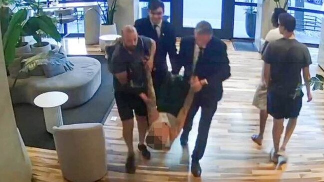 Supplied CCTV of Liam being carried through the hotel lobby before his death.