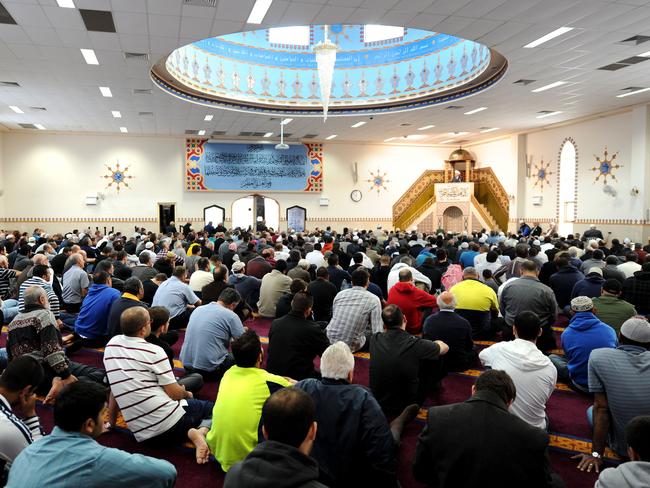 Muslims pictured at Friday prayer, led by Imam Yahya Safi, at Lakemba Mosque, in Sydney's west. Picture: Dan Himbrechts