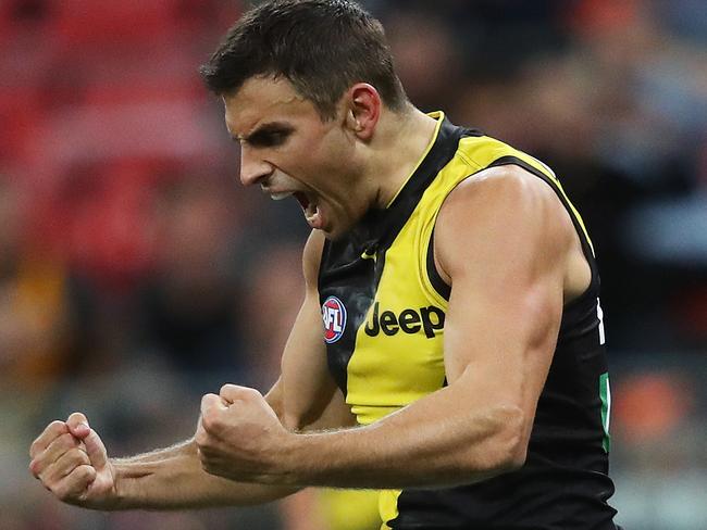 Richmond's Sam Lloyd celebrates kicking a goal during AFL match GWS Giants V Richmond Tigers at Spotless Stadium, Sydney. Picture. Phil Hillyard