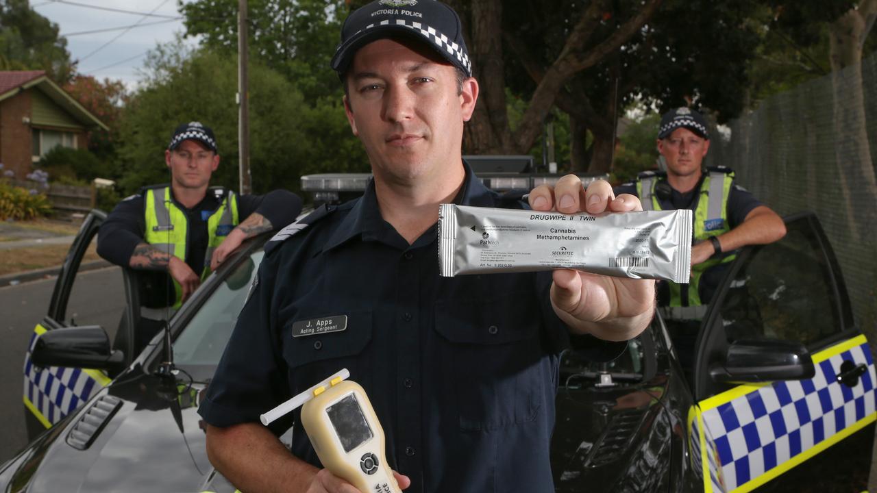 Maroondah Highway Patrol completed operation Isa Brown late last year, doing drive-bys of drug-driving offenders during their regular patrols. Sen Constable Julian Apps with Scott Williamson and Cameron Box. Picture: George Salpigtidis